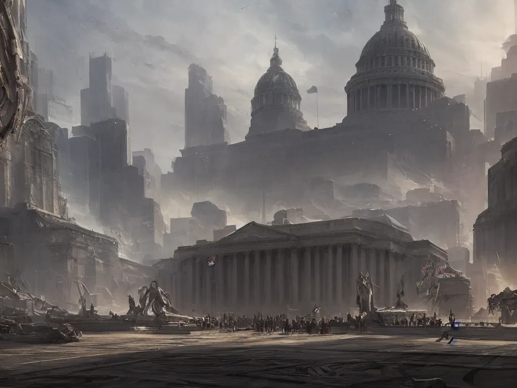 Image similar to matte painting by fan wennan and greg rutkowski. future capitol of the american communist party shining in the sun after the triumph of socialism in america, hyperdetailed, cinematic, photorealistic, hyperrealism, masterpiece, future communist governmental architecture concept art, statue, imposing, strength, abundance, life. america 2 0 9 8