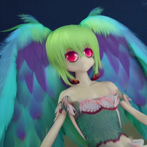Image similar to cute fumo plush of a harpy girl with a rich plume of detailed colorful feathers, green and read, parrot, anime girl, lens flare, vray