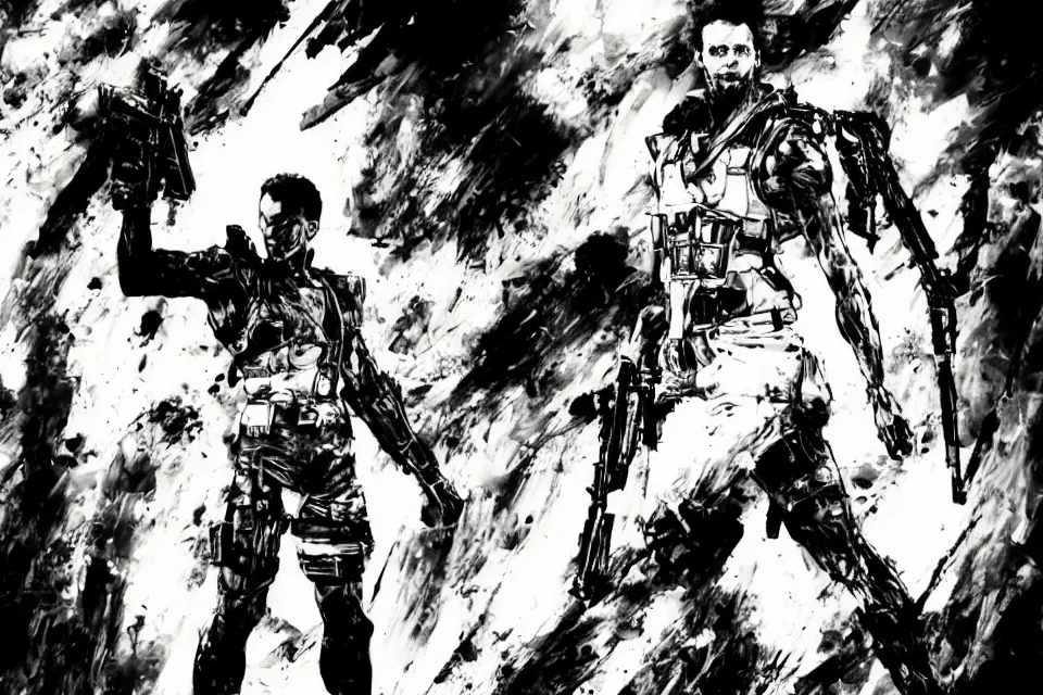 Prompt: a full - body portrait of stephen curry with guns, in yoji shinkawa's art style, metal gear solid art style highly detailed, 4 k, artistic, white background, b & w