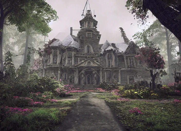 Image similar to A haunted Mansion in the middle of the woods, evil, demonic, enchanting, angelic, flowers, nature, city, symmetry, environment concept, cinematic, Rendered in Octane, trending on artstation, cgsociety, moody lighting rendered by octane engine, environment 8K artstation, cinematic lighting, intricate details, 8k detail post processing, hyperealistic, octane render, photo realism, visually inspired by Blade Runner 2049