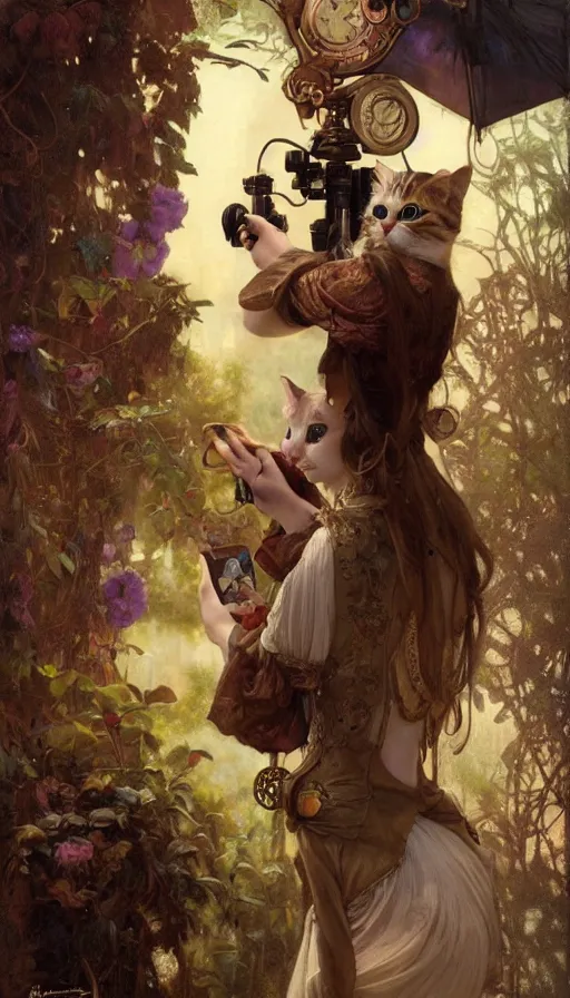 Image similar to hyper realistic photographer taking a picture of a cat, magical, steampunk, painted by tom bagshaw, mucha, gaston bussiere, craig mullins, j. c. leyendecker 8 k