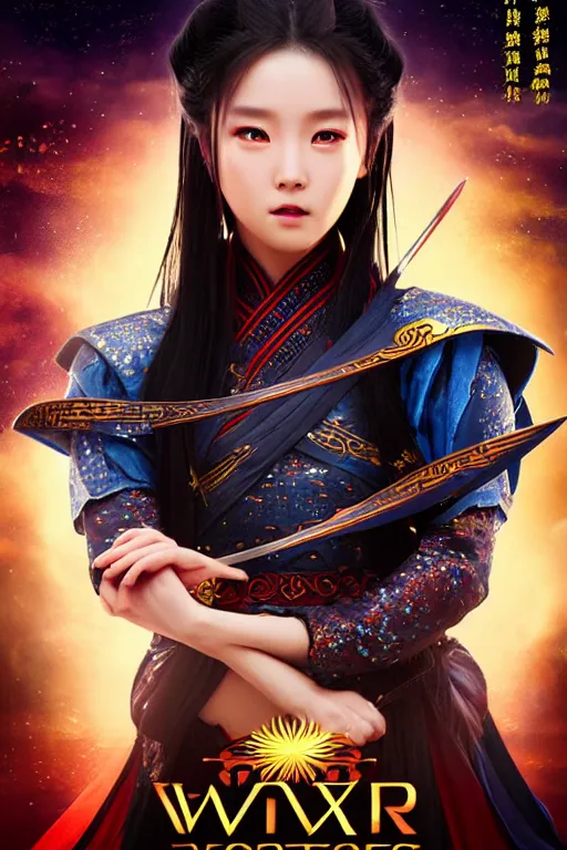 Image similar to beautiful cinematic fantasy poster, wuxia sword dance heroine, beautiful glowing galaxy eyes, hybrid from Dynasty Warriror and art direction by tian zi and WLOP and Darius Zawadzki cinematic quality character render; low angle; ultra high quality model; production quality cinema model;