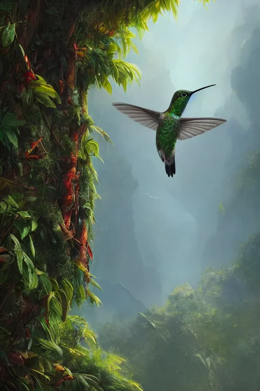 Prompt: hummingbird on a jungle branch, beautiful dynamic lighting, cinematic, establishing shot, extremly high detail, photo realistic, cinematic lighting, post processed, concept art, artstation, matte painting, style by eddie mendoza, raphael lacoste, alex ross