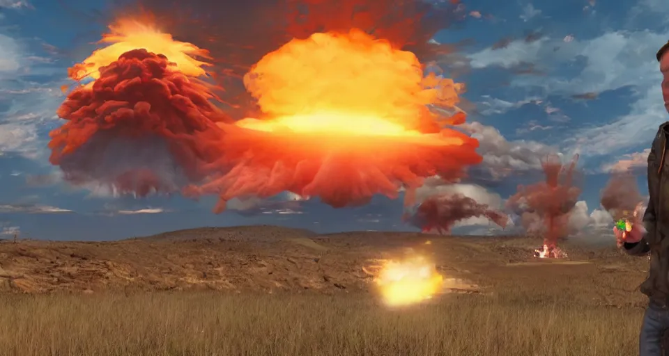 Image similar to nuclear explosion, youtuber points with shocked expression, photorealism