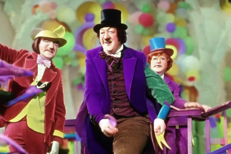 Prompt: Film still of Stephen Fry as Willy Wonka in Willy Wonka and the Chocolate Factory 1971