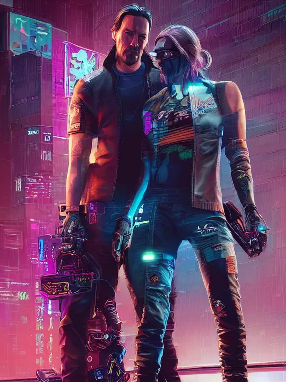 Prompt: a cyberpunk 2077 couple portrait of Keanu Reeves holding V,complex mess of cables and wires behind them connected to giant computer,love story,film lighting,by laurie greasley,Greg Hildebrandt,William Morris,Dan Mumford,trending on atrstation,FAN ART,full of color,Digital painting,face enhance,highly detailed,8K, octane,golden ratio,cinematic lighting