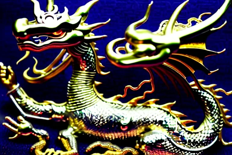 Image similar to metallic dragon god, worship him. ra prostrated, glistening aura. futuristic chinese