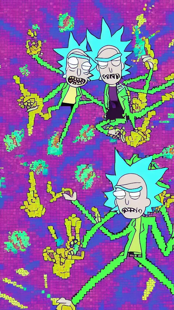 Prompt: Rick and Morty style pixel art explosion, painterly