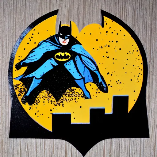 Image similar to die cut sticker of batman breakdancing, splatter paint