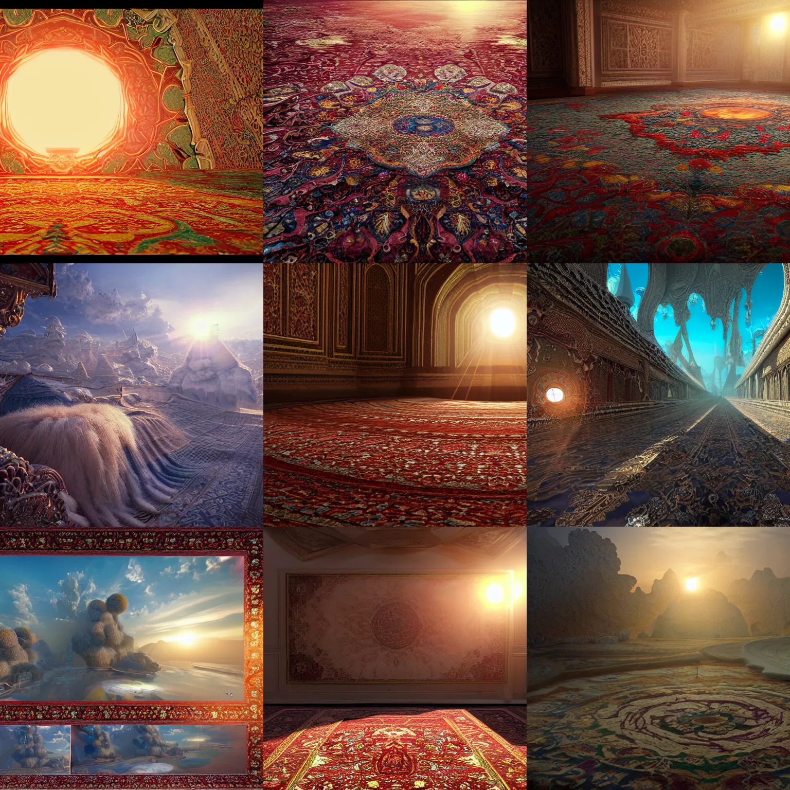 Prompt: sunrise in the Fluffy 3d Persian Carpet world, everything is carpet and 3d, photorealistic concept art, immense detail, epic, striking, featured on Artstation HD