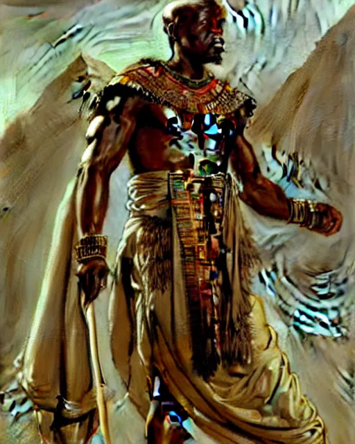 Prompt: concept art by anders zorn and craig mullins depicting djimon hounsou as a tall and very lean temple guard fully dressed in ancient egyptian heavy armor, flowing robes, harem pants, and leather strapped sandals