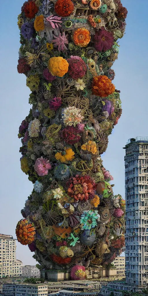 Image similar to colossal grotesque flower made from best unfulfilled mankind projects in the middle of abandoned post soviet constructivist cityscape, Stalinist architecture, ultradetailed, Intricate by Hayao Miyazaki and Josan Gonzalez and Makoto Shinkai and Giuseppe Arcimboldo and Wes Anderson