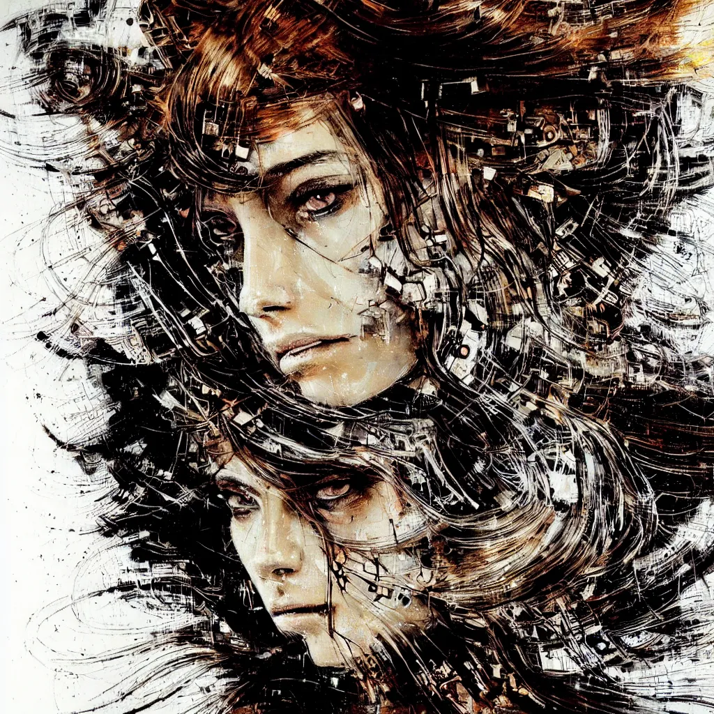 Prompt: hyperrealistic portrait of a mysterious cyberpunk woman with flowing hair, by Guy Denning, Russ Mills, beautiful, elusive, glitch art, hacking effects, glitch effects, photo real, brown eyes, digital tech effects, cybernetics, detailed lines, intricate detail, holographic, polished, chromatic, clear, color blocking, acrylic on canvas, octane, concept art, abstract, red face, front view, 8k, masterpiece, cgsociety, trending on artstation