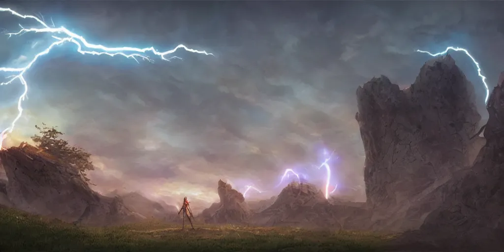 Image similar to lighting strike\'s archers arrow in the sky , fantasy world, realistic, sci-fi, landscape, character design, concept art,