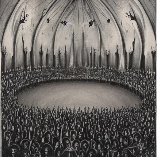 Prompt: lord of the rings by bridget bate tichenor, by hans baluschek stunning. a beautiful drawing of a large room with many people in it. there is a lot of activity going on, with people talking & moving around. the room is ornately decorated & there is a large window at one end.