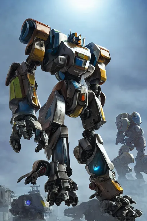 Image similar to mechwarrior 5 : mercenaries mech megaman transformer robot boss tank engine game octane render, 4 k, hd 2 0 2 2 3 d cgi rtx hdr style chrome reflexion glow fanart, global illumination ray tracing hdr fanart arstation by ian pesty by jesper ejsing pixar and disney unreal zbrush central hardmesh