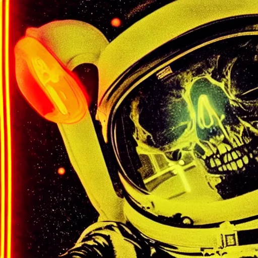 Prompt: astronaut with neon glowing skull, 1 9 6 0 s, color bleed, video compression, video glitch, monochrome, akira kurosawa, mamoru oshii, wes anderson, stanley kubrick