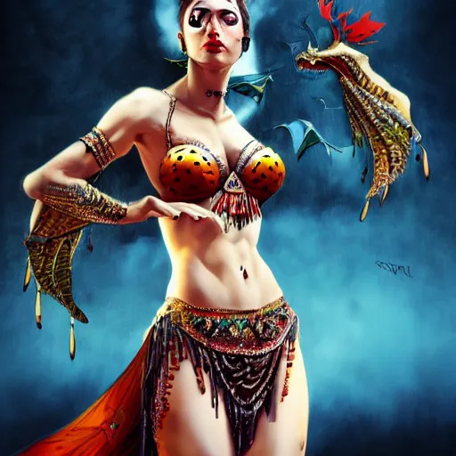 Image similar to a portrait of an female dragon belly dancer, sharp claws by sandra chevrier, detailed render, epic composition, cybernetics, 4 k realistic, cryengine, realistic shaded lighting, sharp focus, masterpiece, by matteo scalera, gary montalbano, peter elson in the style of the tokyo ghost comic