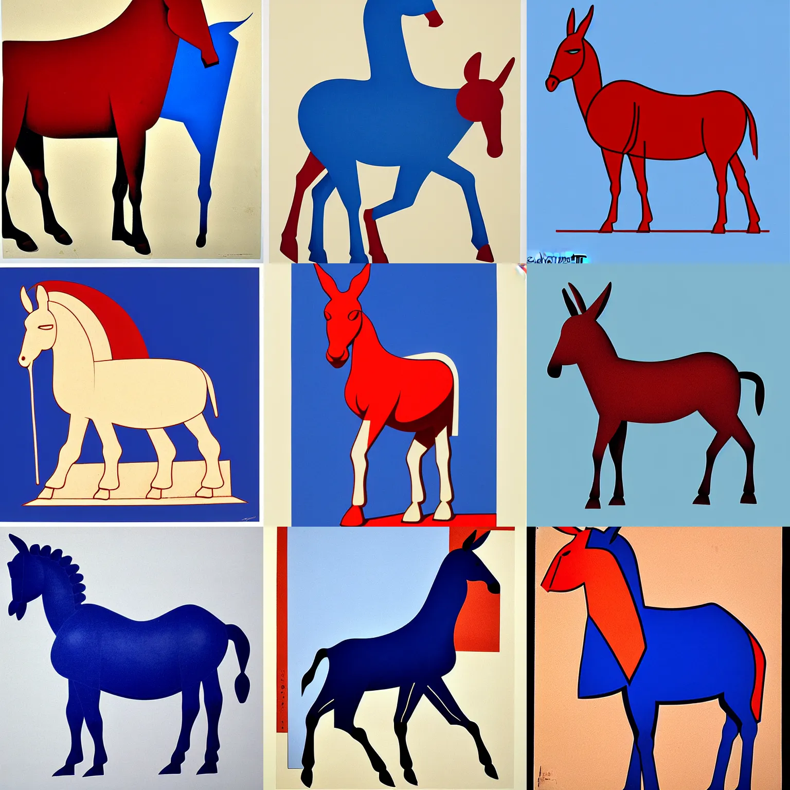 Prompt: lithograph side view of standing donkey against white background, duotone, cycladic sculptural style, full body, flat colors, iconic, centered, simplified, ultramarine blue and red iron oxide