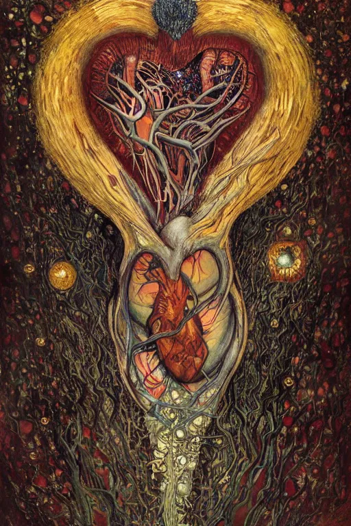 Prompt: Heart of Thorns by Karol Bak, Jean Deville, Gustav Klimt, and Vincent Van Gogh, portrait of an anatomical heart, sacred heart, Surreality, otherworldly, infernal enigma, Helliquary, fractal structures, celestial, arcane, ornate gilded medieval icon, third eye, spirals, dramatic sharp thorns, rich deep moody colors