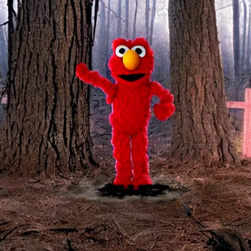 Prompt: elmo in the blairwitch project, scary, disturbing.