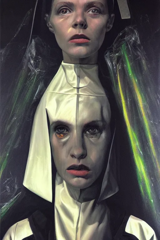 Image similar to hyperrealism oil painting mixed with 8 0 s sci - fi art, complete darkness background, close - up face portrait from above, nun fashion model, lost her faith