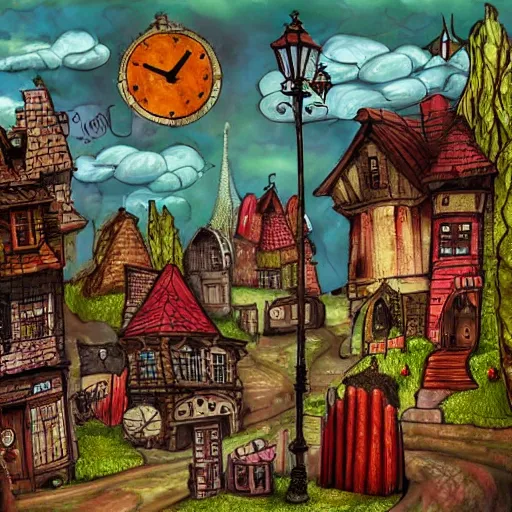 Prompt: a fantasy town, mixed media, whimsical,