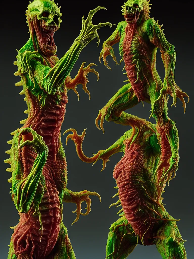 Image similar to hyperrealistic rendering, fat smooth cronenberg flesh monster transparent kaiju with skull and spine by donato giancola and greg rutkowski and wayne barlow and zdzisław beksinski, product photography, action figure, sofubi, studio lighting, colored gels, colored background