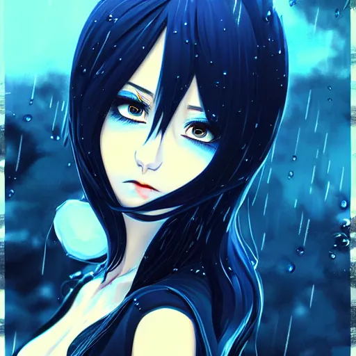 Prompt: beautiful seductive slime - girl, in the rain, highly detailed, painting, dark blue and black color palette, intricate, high quality anime artstyle, in the style of ilya kuvshinov