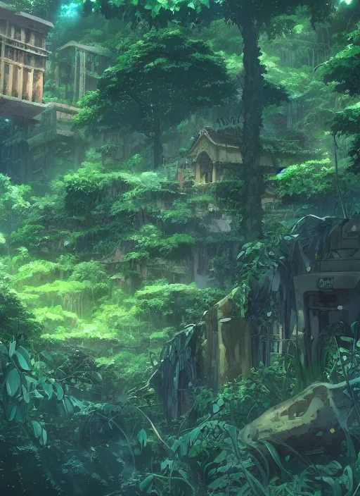 Prompt: a lost city deep in the jungle, overgrown with vines and trees by makoto shinkai, anime, stylistic