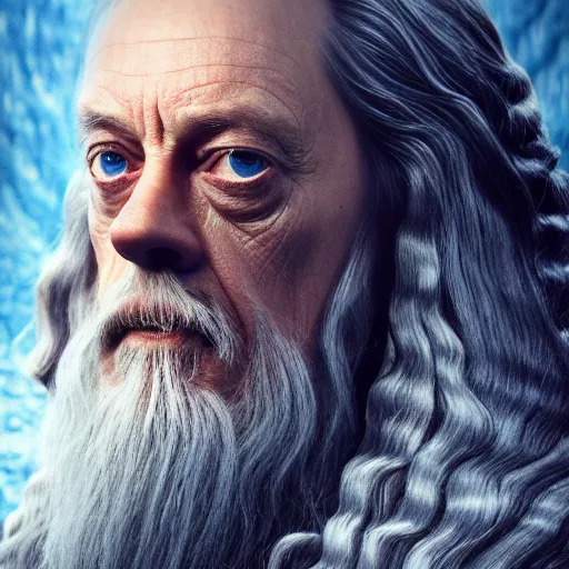 Prompt: portrait of Steve buscemi as Gandalf. Peter Jackson, lord of the rings, return of the king. cinematic, high detail, photography, 8k, iridescent accents