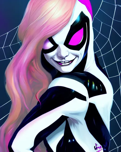 Image similar to portrait of Emma Stone as Spider-Gwen venom, art by lois van baarle and loish and ross tran and rossdraws and sam yang and samdoesarts and artgerm, middle shot, digital art, highly detailed, intricate, sharp focus, Trending on Artstation HQ, deviantart, unreal engine 5, 4K UHD image