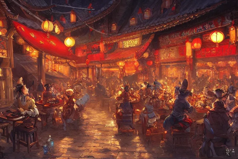 Image similar to fantasy art of a bustling tavern in china, at night, by jesper ejsing, highly detailed digital art, trending on artstation