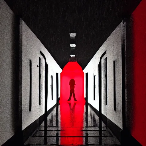 Image similar to photograph of an extremely dark narrow hallway with glowing humanoid monster made out of tv static, dark deep black shadows, red and black color contrast in the style of trevor henderson, liminal space, 3 d octane render, glitch effect