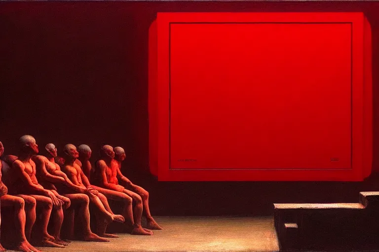 Prompt: only with red, crowd screaming, an exposed painting in a roman theater, in the style of beksinski, parts by edward hopper, parts by rodcenko, parts by yue minjun, intricate and epic composition, red by caravaggio, insanely quality, highly detailed, masterpiece, red light, artstation, 4 k