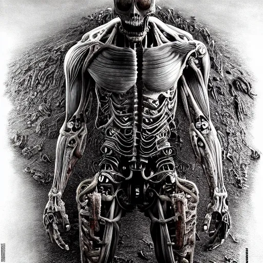 Prompt: ultra realist intricate detailed horror portrait of attack titan, cyborg tech on body and legs, accurate features, cyberpunk, industrial, apocalyptic, very intricate details, focus, high resolution, 8 k resolution, dramatic lighting, artstyle alex ries and zdzisław beksinski, award winning