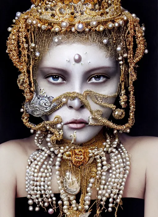 Image similar to hyperrealism, detailed textures, award winning autochrome photo, symetrical japanese pearl medusa queen autochrome pearl portrait, pearl silverplate, intricate, detailed facial pearl animal mask, pearl, golden jewelery, silverplate, ultra realistic, cinematic, intricate, cinematic light by steve mccurry, unreal engine 8 k