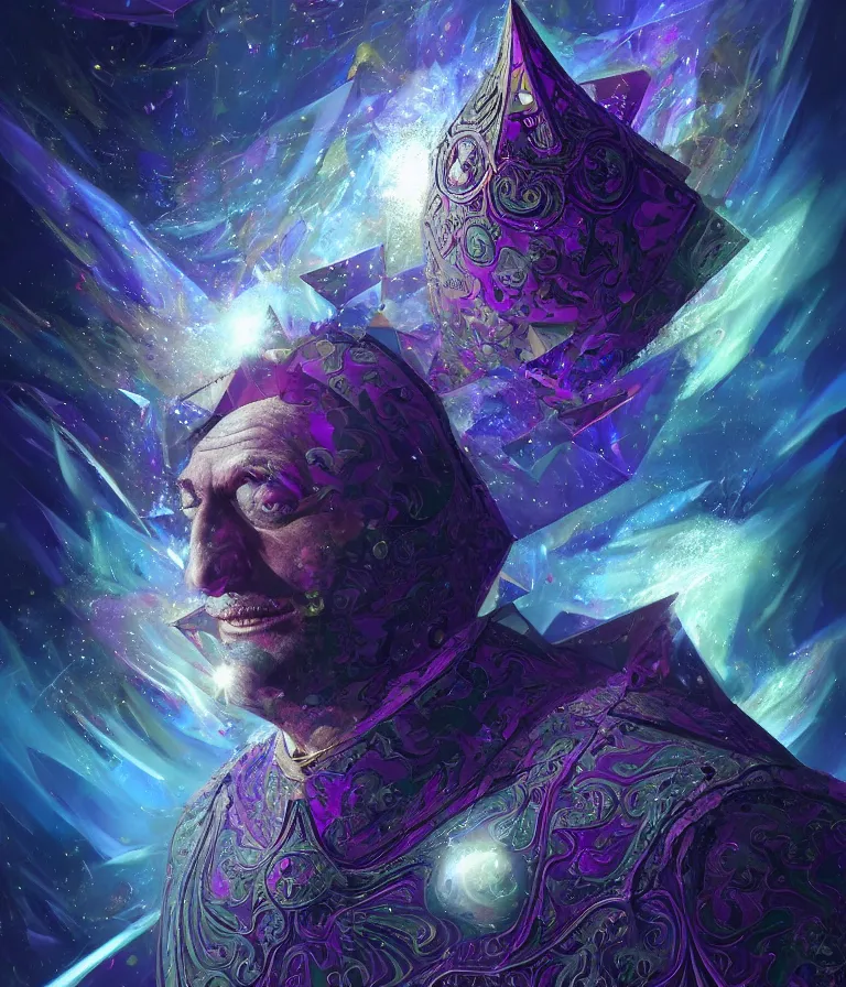 Image similar to front!!! shot of a court jester!!! character, mesmerizing fractal hypercubes, dark holography!!!, future, metallic nebula, crystalline edges, polygonal, elegant, highly detailed, centered, (((artstation, concept art, jagged, sharp focus, artgerm, Tomasz Alen Kopera, Peter Mohrbacher, donato giancola, Joseph Christian Leyendecker, WLOP, Boris Vallejo))), ((raytracing)), mugshot!!!!!, ugly!!!!!!, octane render, nvidia raytracing demo, octane render, nvidia raytracing demo, octane render, nvidia raytracing demo, 8K