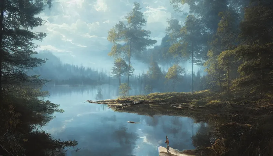 Prompt: portrait of a vast lake surrounded by woodland, highly detailed, sunny, blue sky, cinematic lighting, highly angle, godrays, volumetric, photorealistic, digital art painting by greg rutkowski