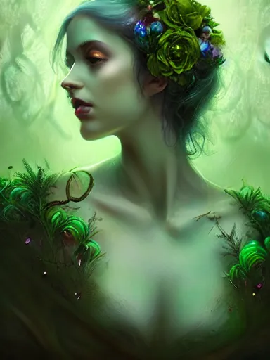Image similar to green!! forest fae ; by james jean, charlie bowater, tom bagshaw, nikolay makovsky, melanie delon : : enchanting, ethereal, magical, glowing, sparkle, iridescent, flowerpunk, portrait, character design, illustration, hyperrealism, photorealism, digital art, concept art, dark fantasy, weta, wlop, artstation