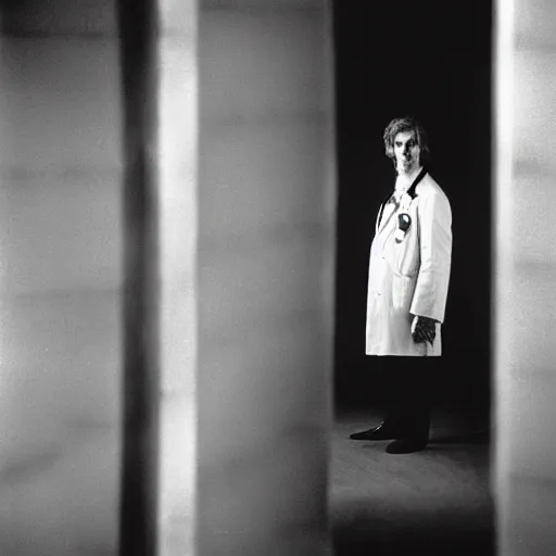 Prompt: a long shot, black & white studio photographic portrait of doctor who, dramatic backlighting, 1 9 7 3 photo from life magazine, color