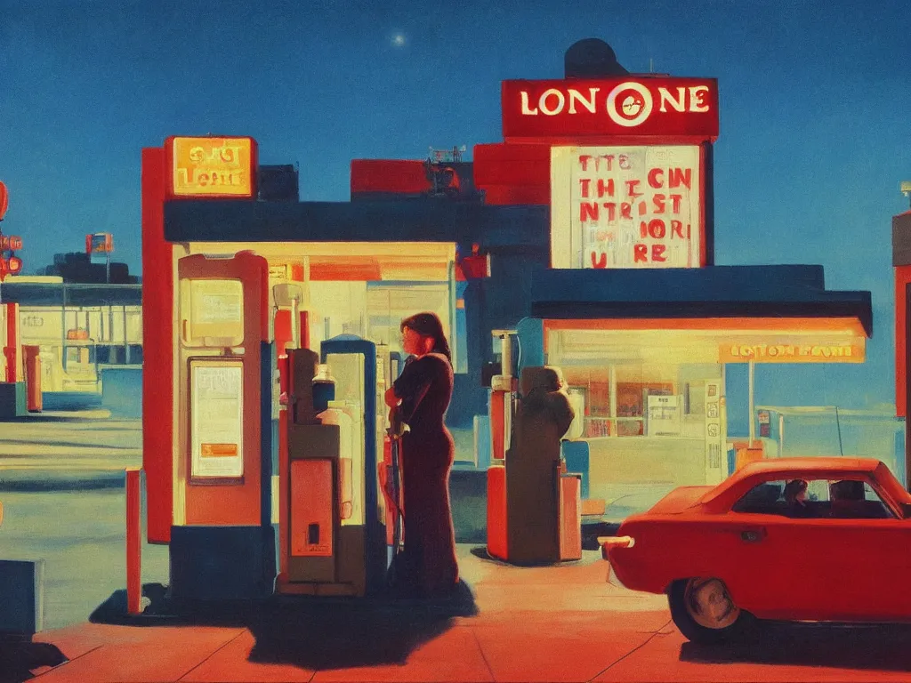 Prompt: lone girl waiting at the gas station at night, 7 0 s, stanley kubrick the shinning, american gothic, vibrant colors americana, cinematic, volumetric lighting, ultra wide angle view, realistic, detailed painting in the style of edward hopper and rene magritte