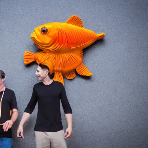 Prompt: gigantic goldfish cracker next to a man that is three times smaller than the cracker, 8 k, 4 k, professional photography, award winning photograph