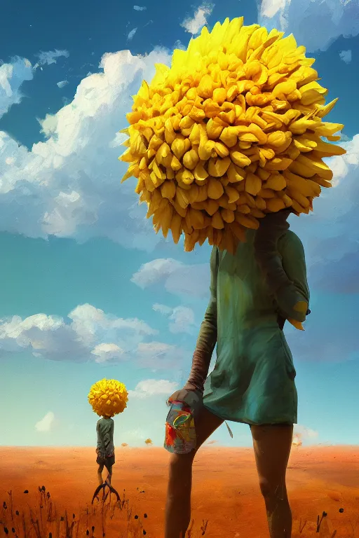 Prompt: closeup, giant flower head, a girl in the desert, surreal photography, wind and cold, dramatic sky, impressionist painting, digital painting, artstation, simon stalenhag