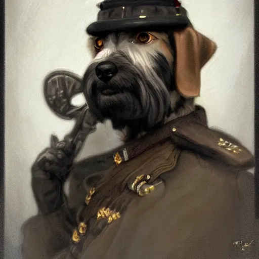 Image similar to portrait of stoic looking miniature schnauzer, military uniform, black fir, white eyebrows, fantasy, intricate, elegant, highly detailed, centered, dark, smokey, charcoal painting, digital painting, artstation, concept art, smooth, sharp focus, illustration, art by alphonse mucha