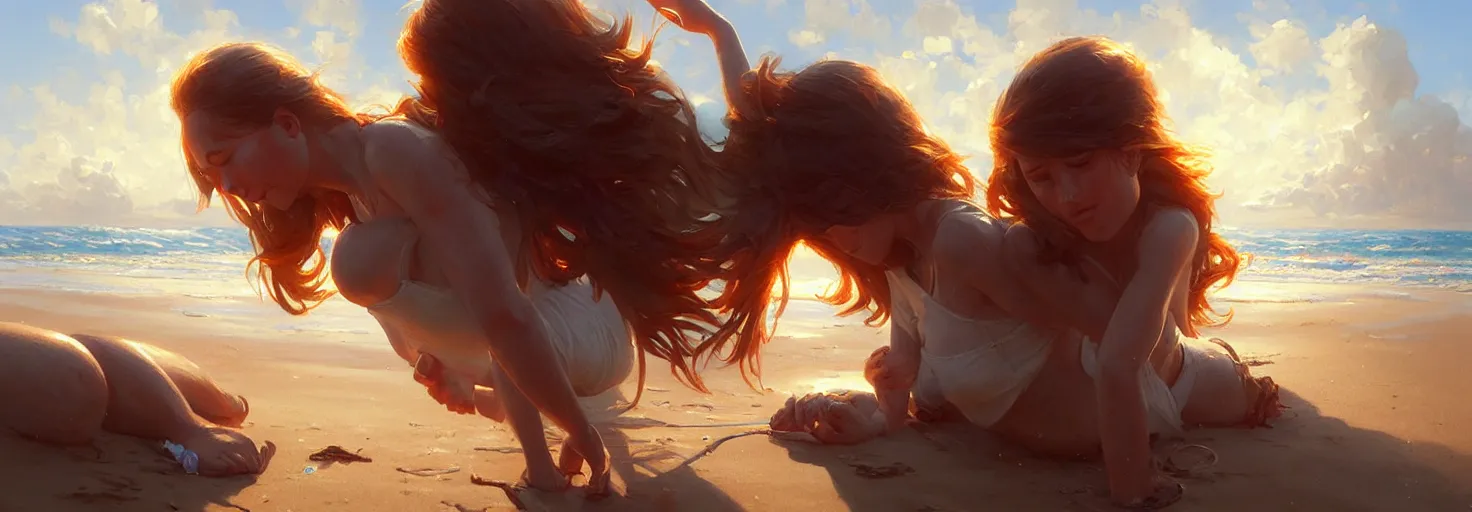 Image similar to bright sunny day on a beach, boats washed ashore, soft warm lighting, highly detailed, digital painting, trending on artstation, sharp focus, illustration, art by artgerm and greg rutkowski and magali villeneuve