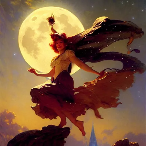 Image similar to attractive witch magically flying trough the night, fantasy, full moon in background. highly detailed painting by gaston bussiere, craig mullins, j. c. leyendecker 8 k