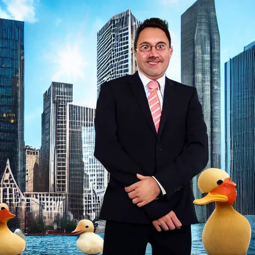 Prompt: portrait photograph of a businessman with a duck head, award winning, realistic, out of focus cityscape in background
