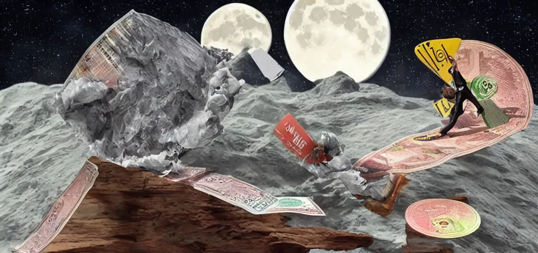 Image similar to mr beast surfing on money beyond the moon