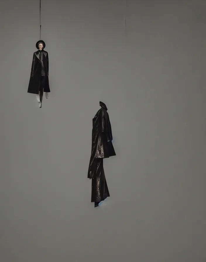 Image similar to close - up portrait of an empty slick fashionable zara raincoat floating suspended mid - air on a glittering wet rainy display designed by olafur eliason, james turrell, shot by wes anderson, lily frank, symmetry, rule of thirds